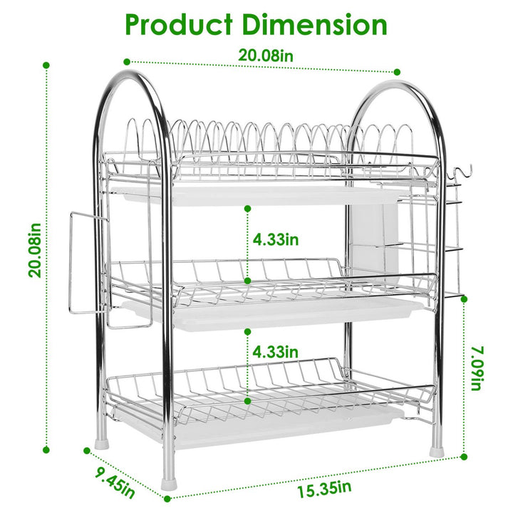 3-Tier Dish Drying Rack High-Carbon Steel with Drain Trays Utensil Holder White Silver Image 6