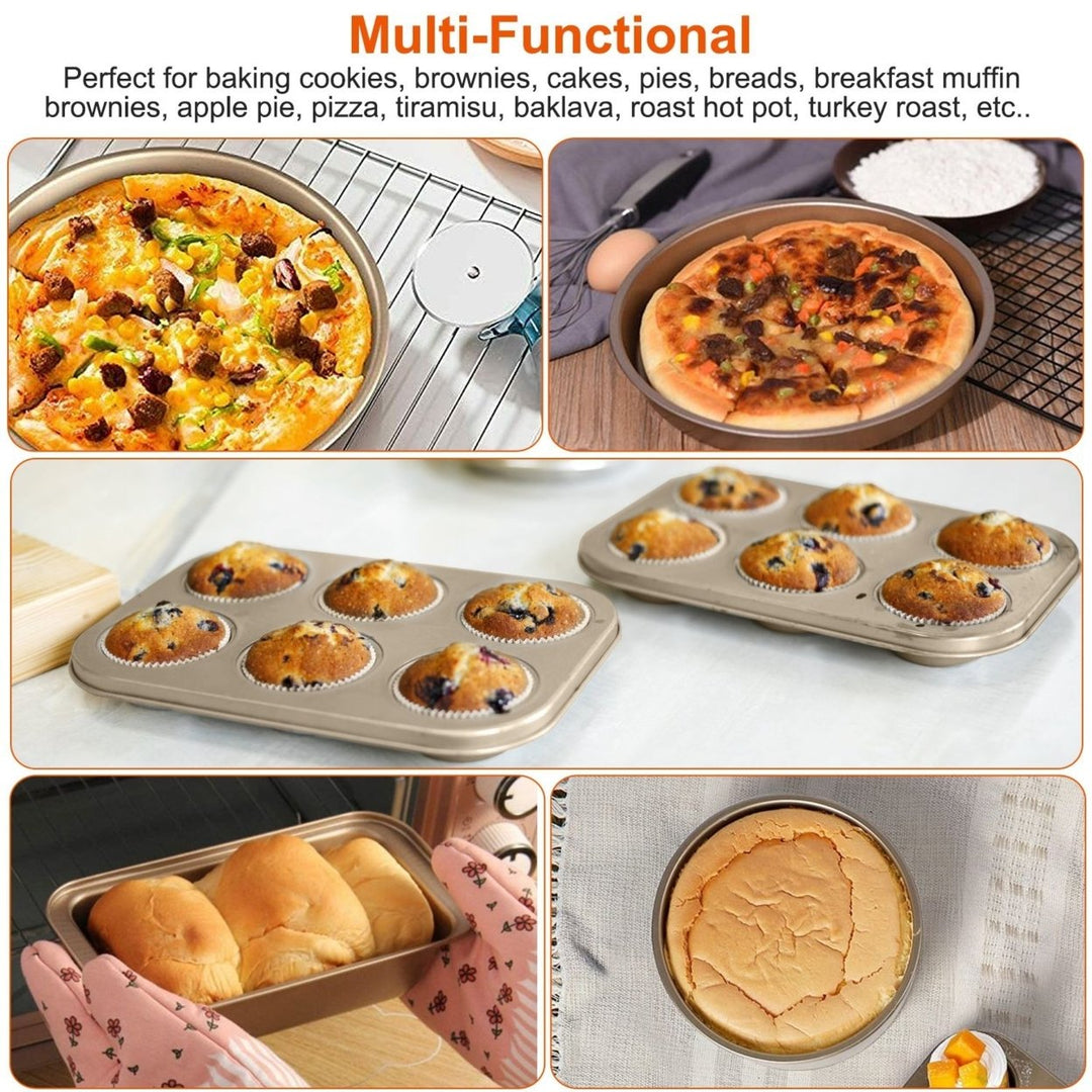 5Pcs Nonstick Bakeware Set Baking Tray Ovenware Sheet Kit 6-Cup Muffin Pan Square Pan Loaf Pan Pizza Pan Live Bottom Image 3