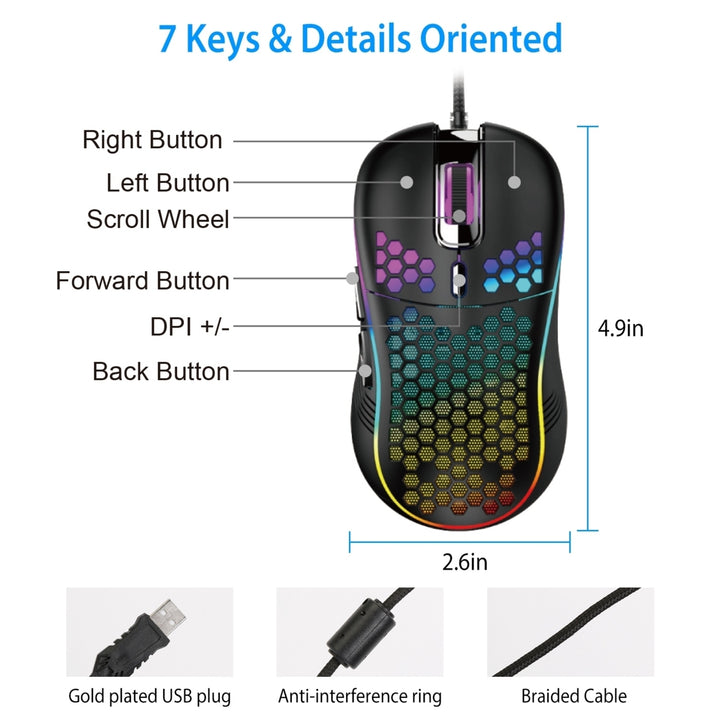 Wired Gaming Mouse 7200 DPI Laptop Optical Mouse Honeycomb Lightweight Mouse with 4 Adjustable DPI Levels 7 Changeable Image 6