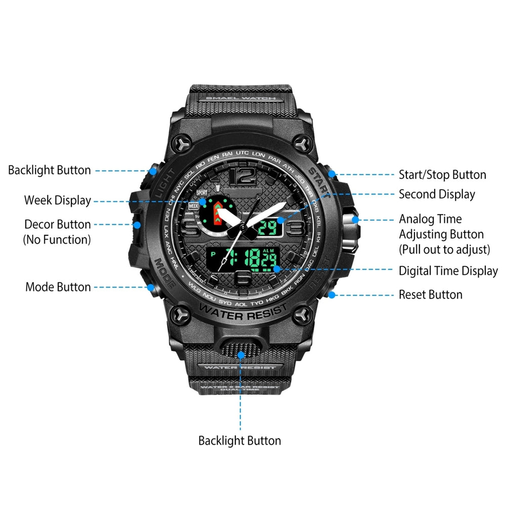 Men Sports Watch Water-Resistant Military Wrist Watch Digital Analog Watch Quartz Electronic Movement LED Backlight Date Image 2