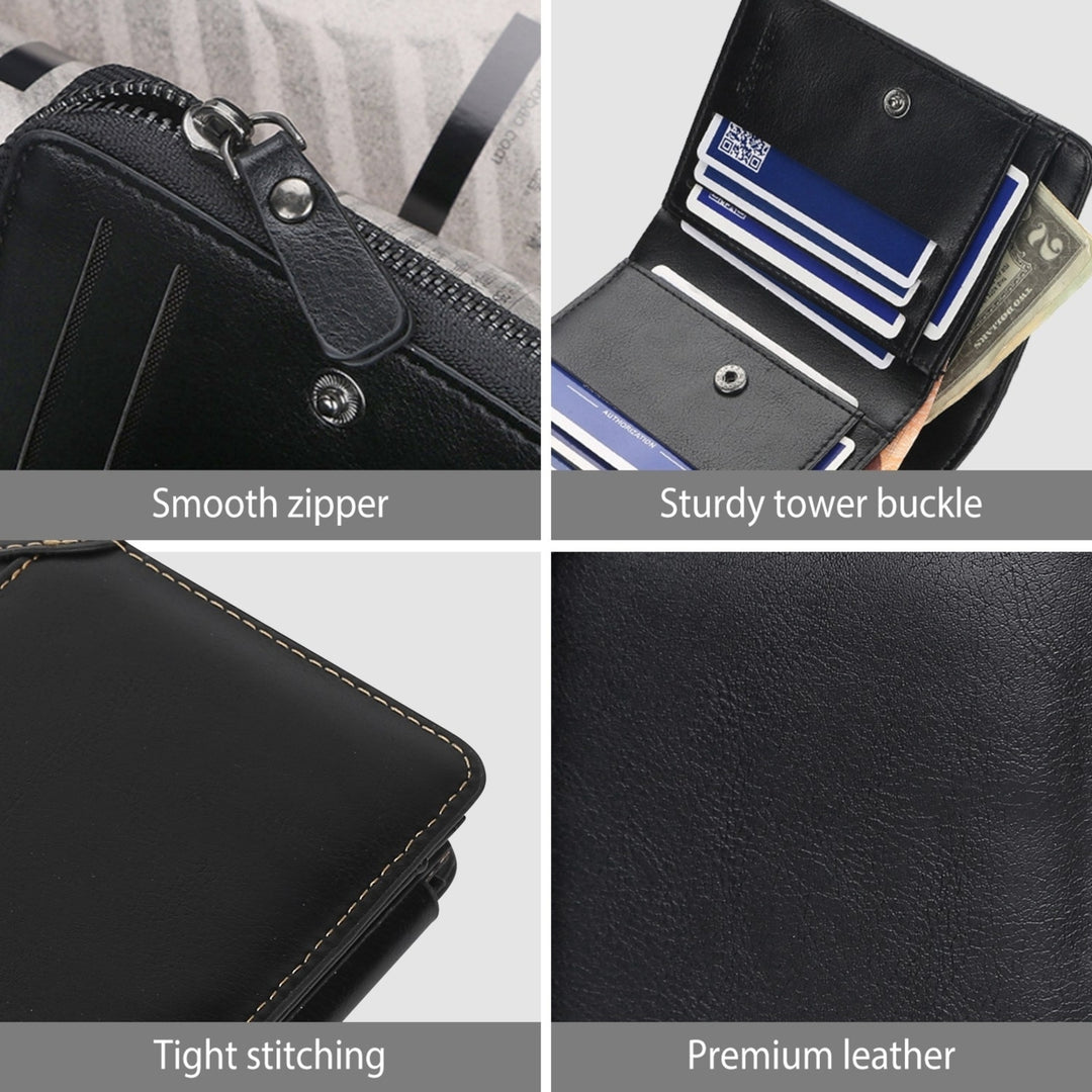 Mens Leather Wallet ID Card Holder Purse Trifold Clutch Money Zipper with ID Window 14 Credit Card 1 ID Card Image 3