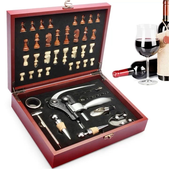 Arolly 2-in-1 Wine Opener Kit with Chess set for Wine and Chess loversClassic Wooden Box with Chess Board and 9 Wine Image 10