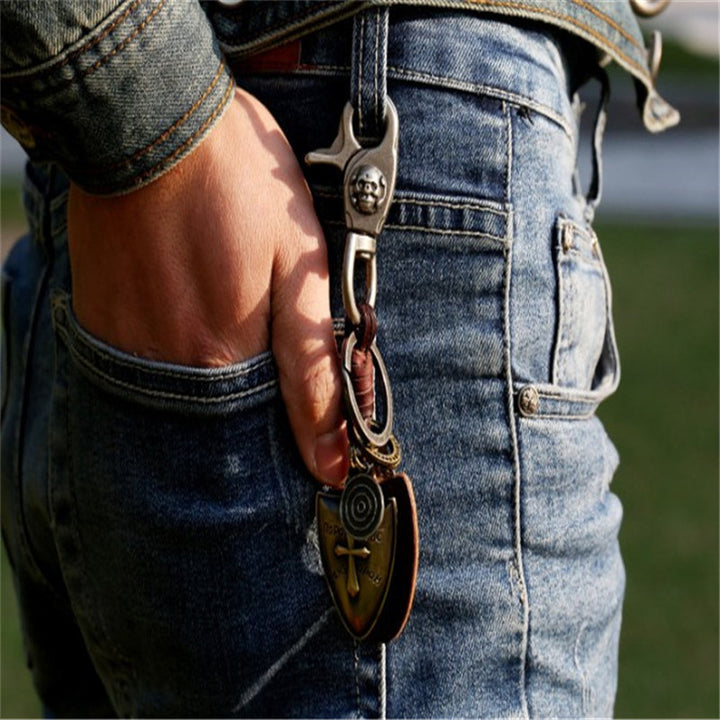 Cross Keychain Bronze Brown Leather Lobster Hook Clasp Cross Keyring Image 2