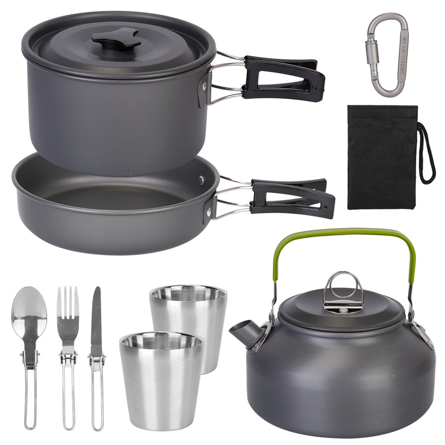 12Pcs Camping Cookware Set Camping Stove Aluminum Pot Pans Kit for Hiking Picnic Outdoor with Cup Fork Spoon Knife Image 1