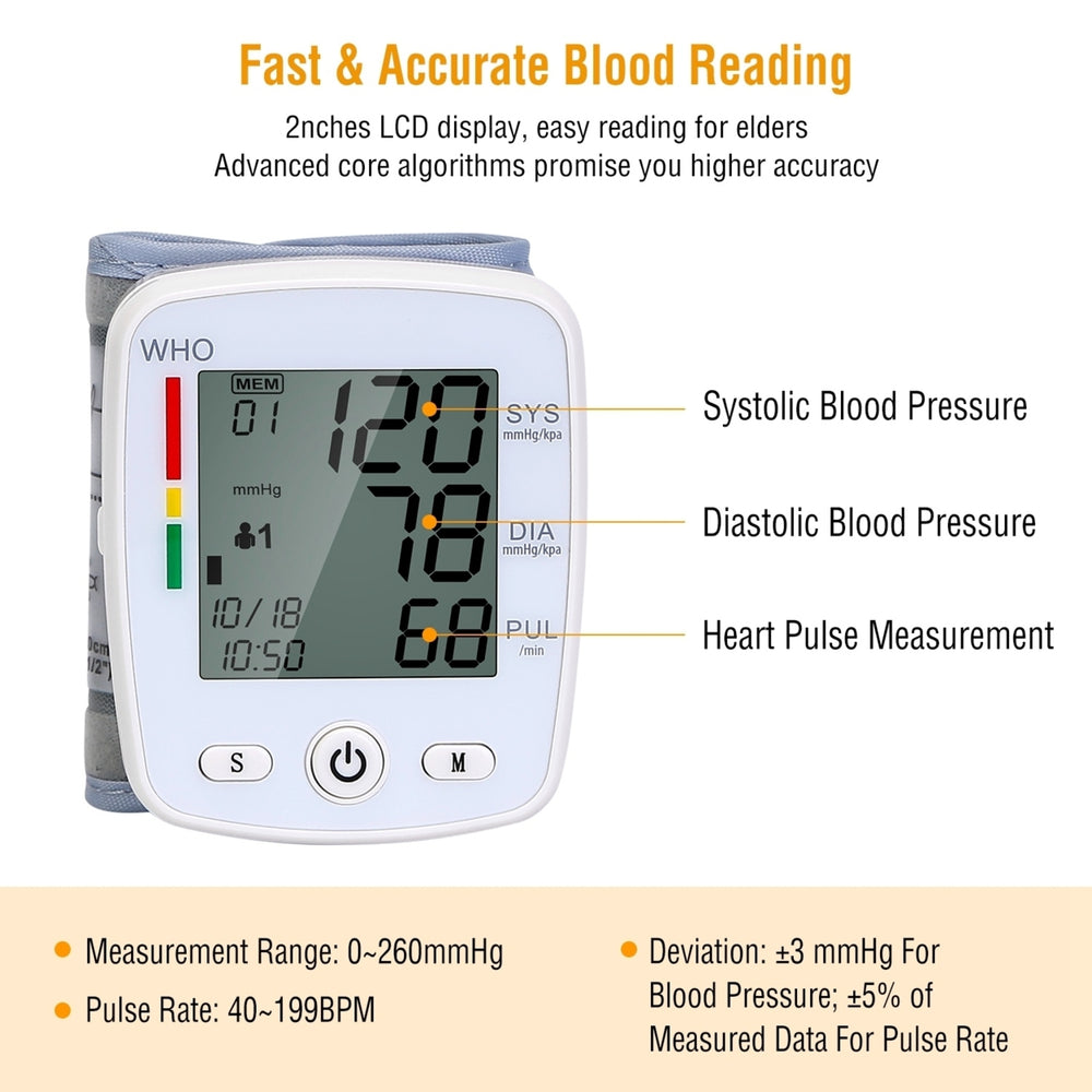 Blood Pressure Monitor Wrist Digital High Blood Pressure Cuff Heartbeat Tester 90x2 Reading Memory 2In LCD Screen Image 2