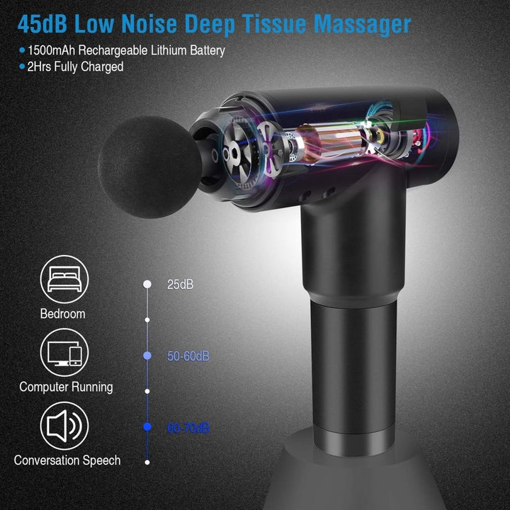 Percussion Massage Gun Handheld Deep Tissue Vibrating Massager Black 4 Heads 6 Levels Image 6