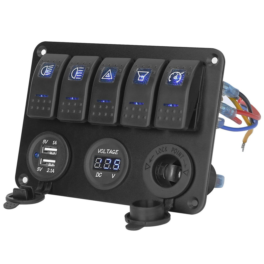 5 Gang Marine Panel Switch Digital Voltmeter ON-OFF Toggle Rocker Aluminum Panel LED Display Dual USB Charger Switch Image 1