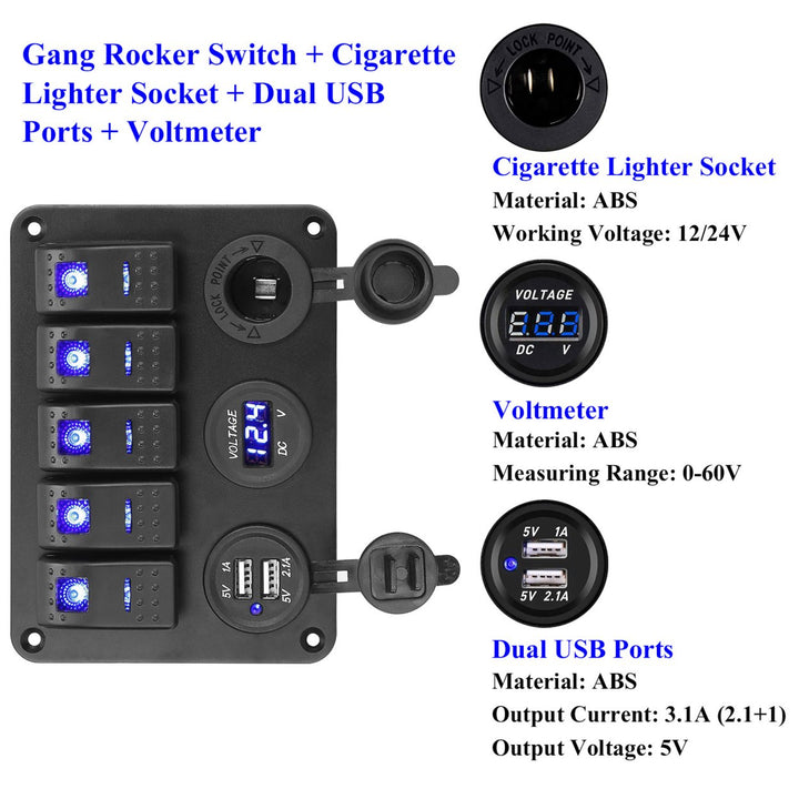 5 Gang Marine Panel Switch Digital Voltmeter ON-OFF Toggle Rocker Aluminum Panel LED Display Dual USB Charger Switch Image 3