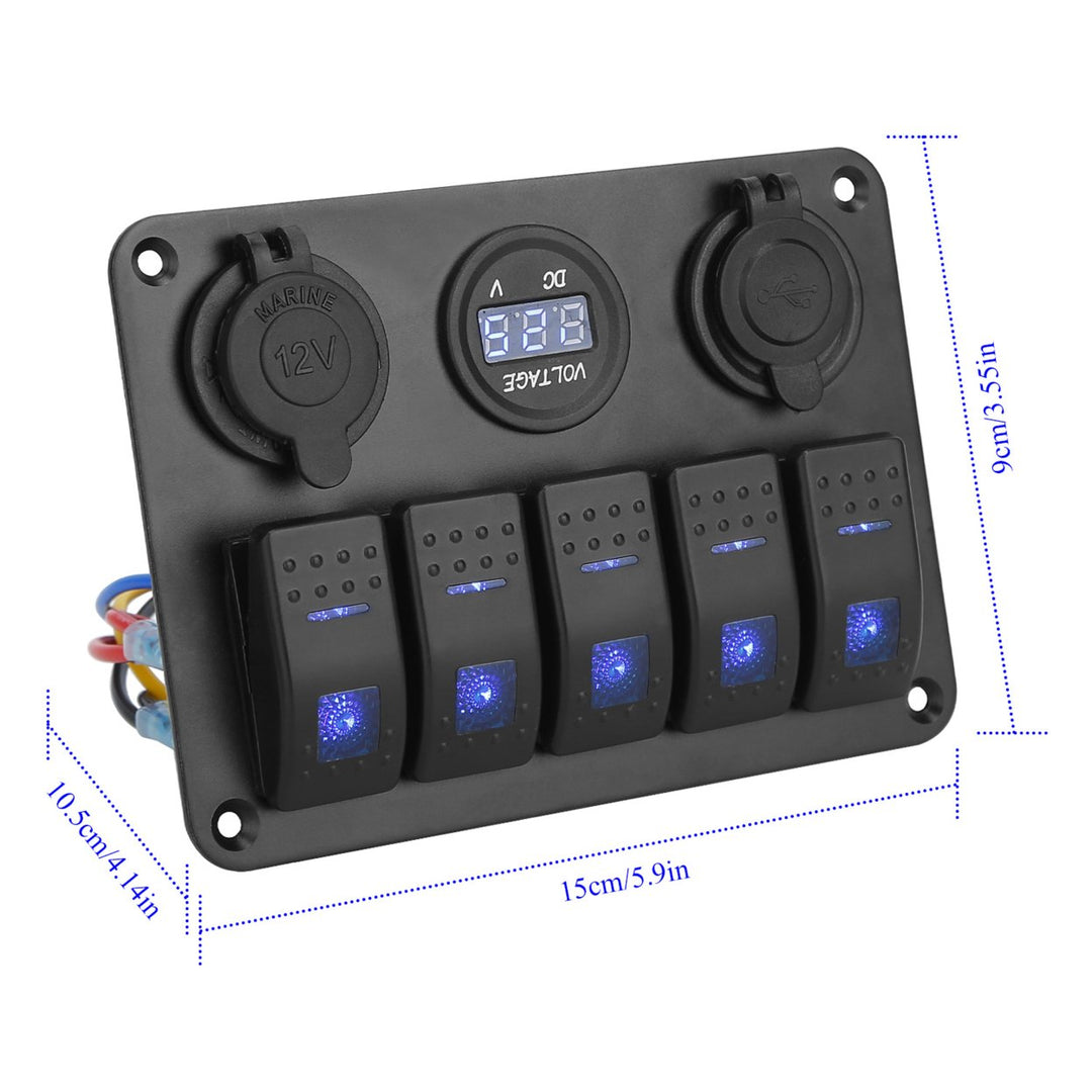 5 Gang Marine Panel Switch Digital Voltmeter ON-OFF Toggle Rocker Aluminum Panel LED Display Dual USB Charger Switch Image 4