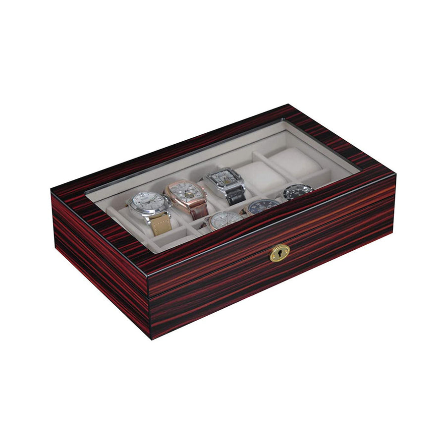 Arolly 12 Slots High Gloss Cherry Wood Finished Dust Free Transparent Top Lid Watch Box Ivory Velvet Lining with Lock Image 1
