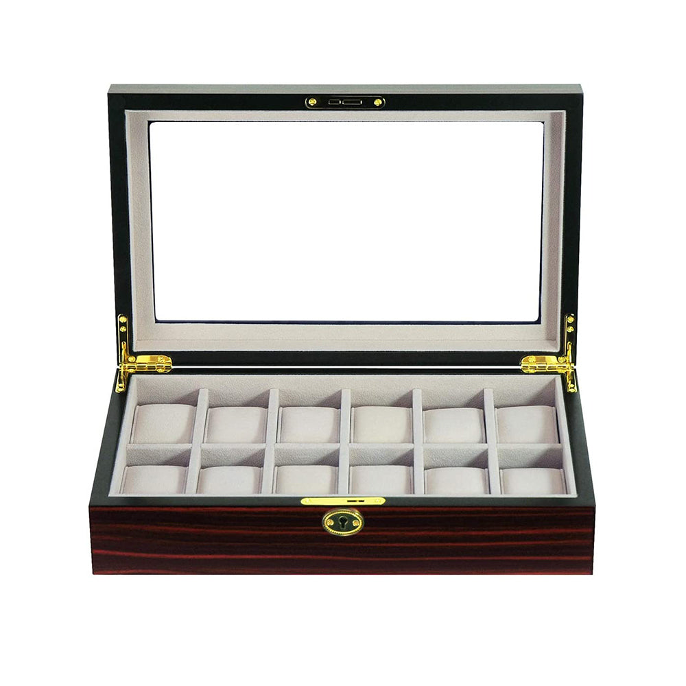 Arolly 12 Slots High Gloss Cherry Wood Finished Dust Free Transparent Top Lid Watch Box Ivory Velvet Lining with Lock Image 2