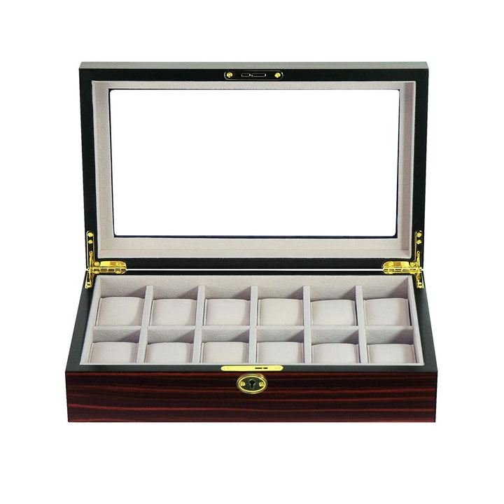 Arolly 12 Slots High Gloss Cherry Wood Finished Dust Free Transparent Top Lid Watch Box Ivory Velvet Lining with Lock Image 2