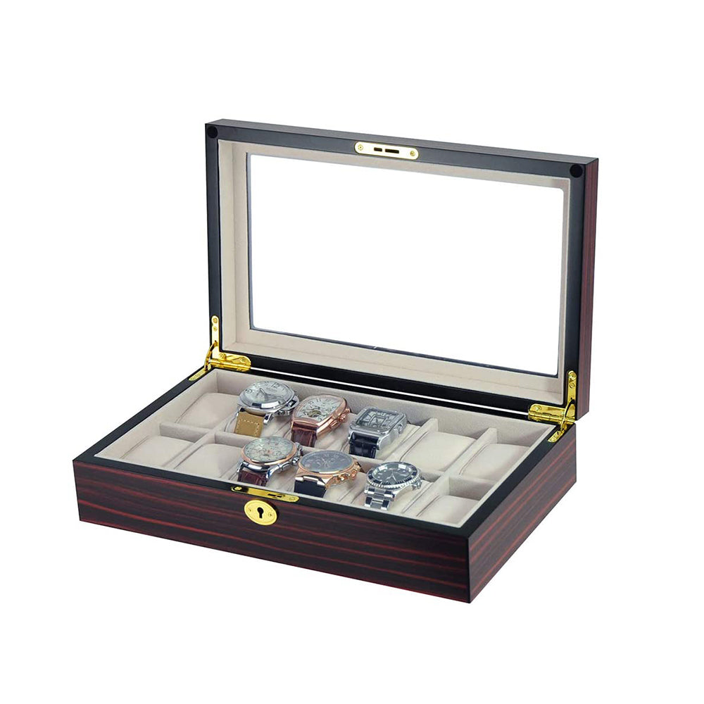 Arolly 12 Slots High Gloss Cherry Wood Finished Dust Free Transparent Top Lid Watch Box Ivory Velvet Lining with Lock Image 3