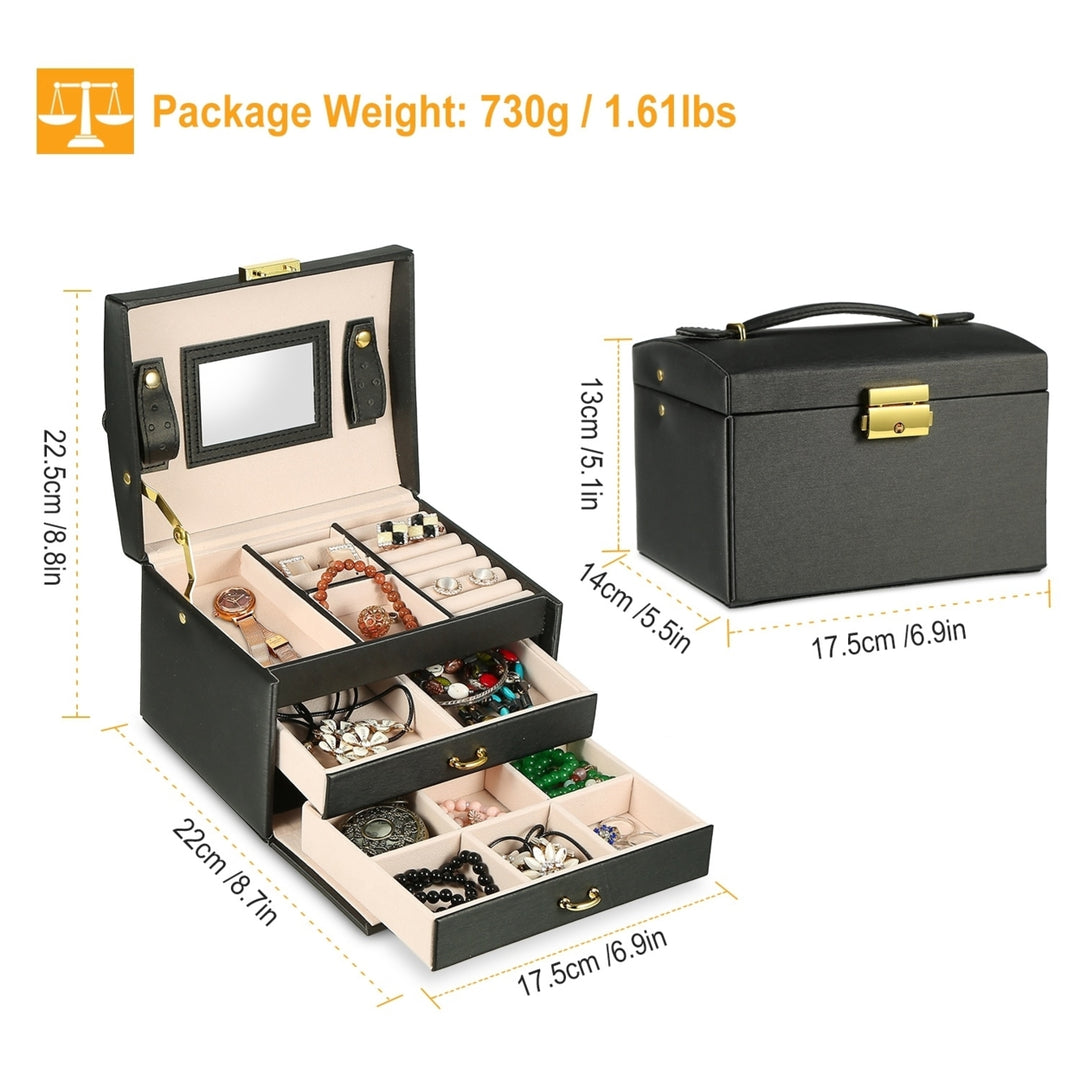 Lockable Jewelry Case Organizer PU Leather Travel Box 3 Layer 20 Compartments Black Image 4