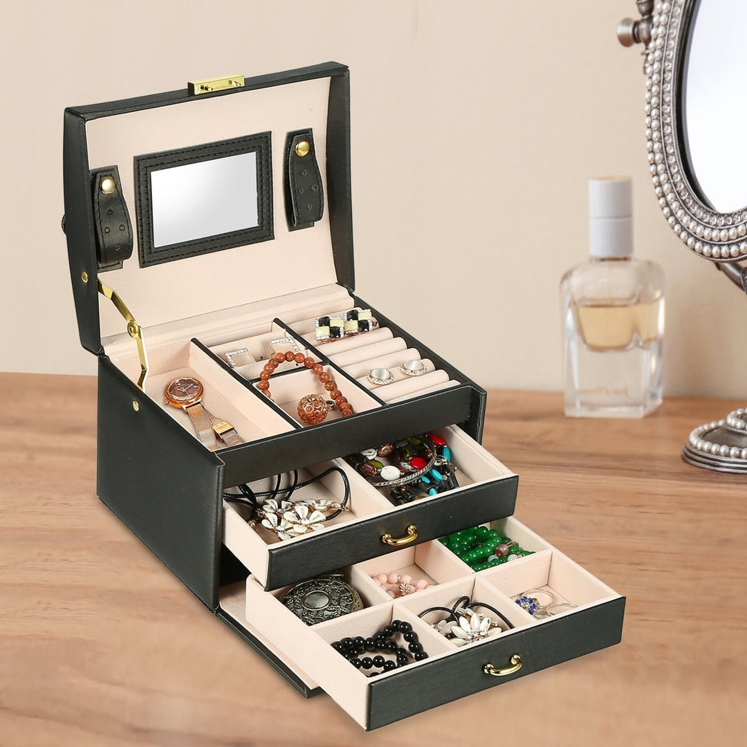 Jewelry Case Organizer 3-layer Lockable Travel Jewelry Box PU Leather Storage Image 4