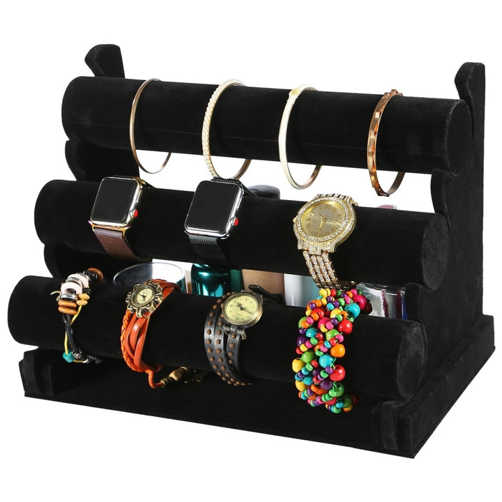 3-Tier Velvet Jewelry Stand Bracelet Holder Black Organized Storage Display Image 2