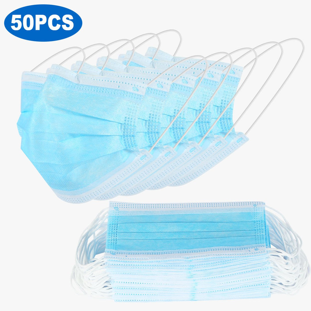 50Pcs 3-Layer Disposable Face Masks Blue Elastic Earloop Hypoallergenic Protection Image 1