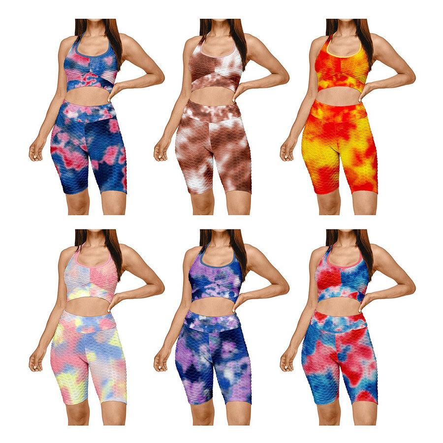 1-Pack Womens Tie Dye Anti Cellulite Sports Bra and High Waisted Biker Shorts Yoga Set Image 1