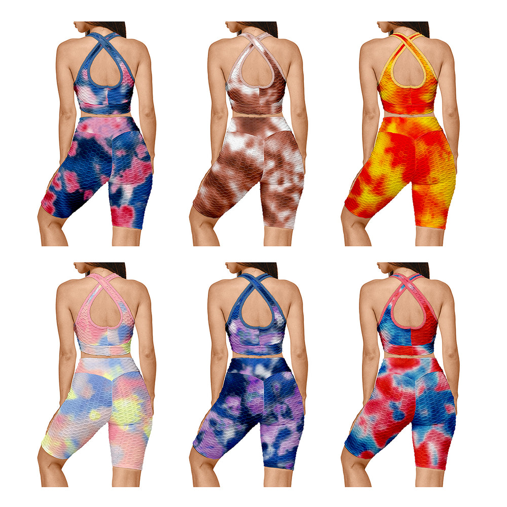 1-Pack Womens Tie Dye Anti Cellulite Sports Bra and High Waisted Biker Shorts Yoga Set Image 2
