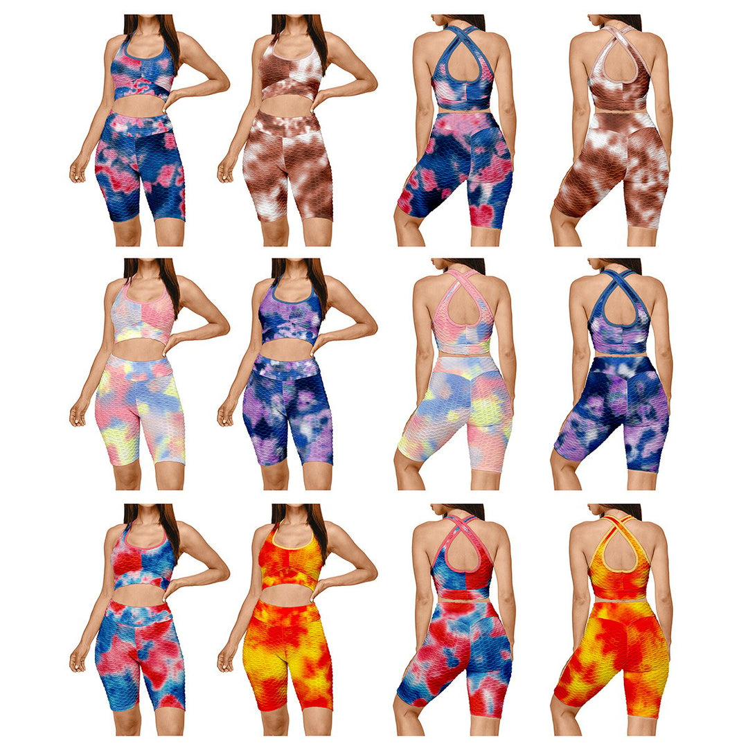 1-Pack Womens Tie Dye Anti Cellulite Sports Bra and High Waisted Biker Shorts Yoga Set Image 3