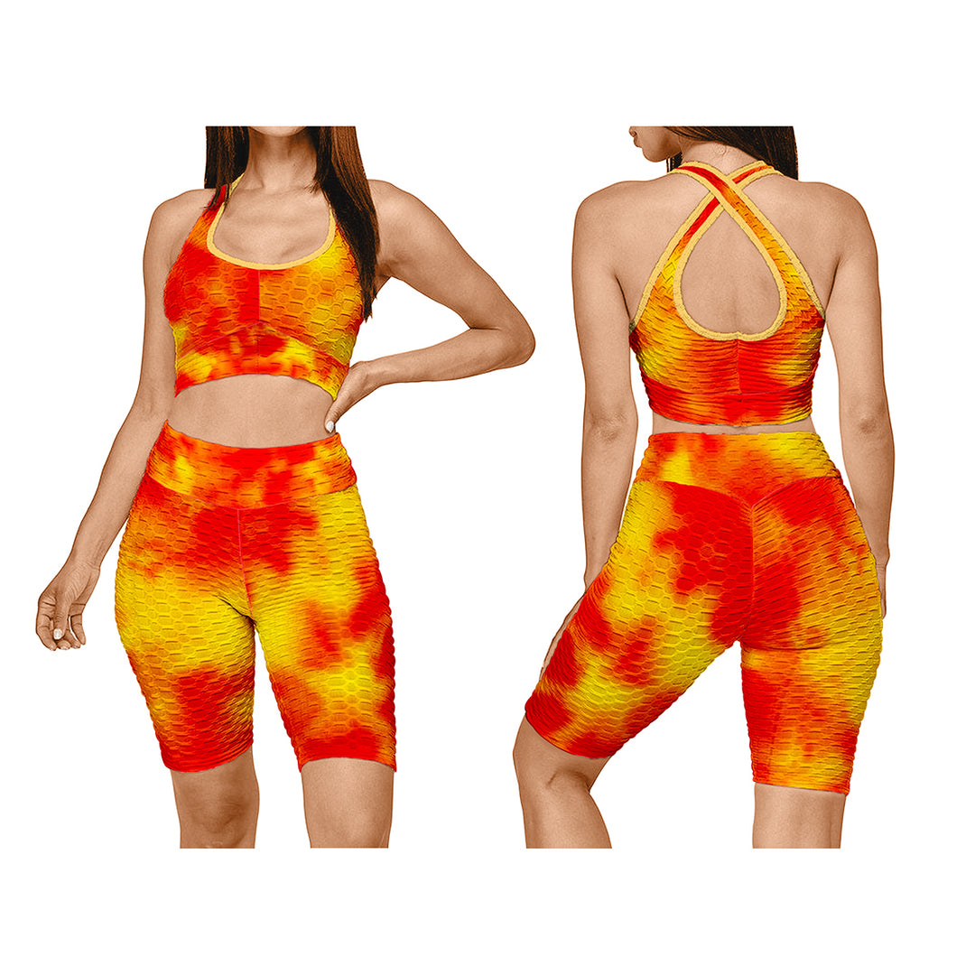 1-Pack Womens Tie Dye Anti Cellulite Sports Bra and High Waisted Biker Shorts Yoga Set Image 4