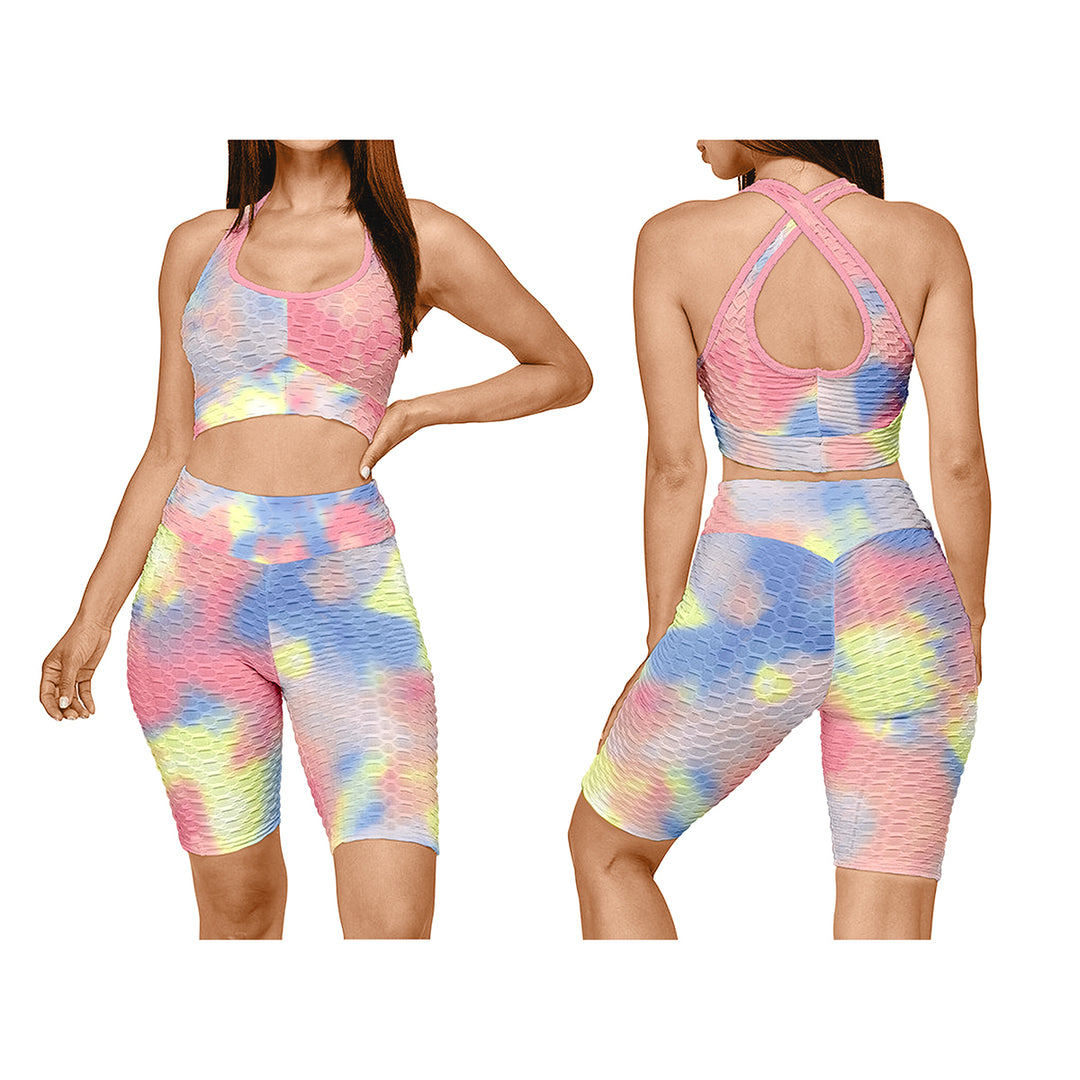 1-Pack Womens Tie Dye Anti Cellulite Sports Bra and High Waisted Biker Shorts Yoga Set Image 6
