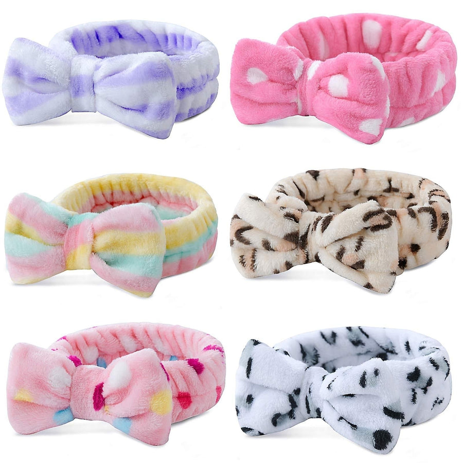 6 Pack Spa Headband Hair Wrap Facial Shower Bath Fleece Bowknot Striped Hair Band Image 1