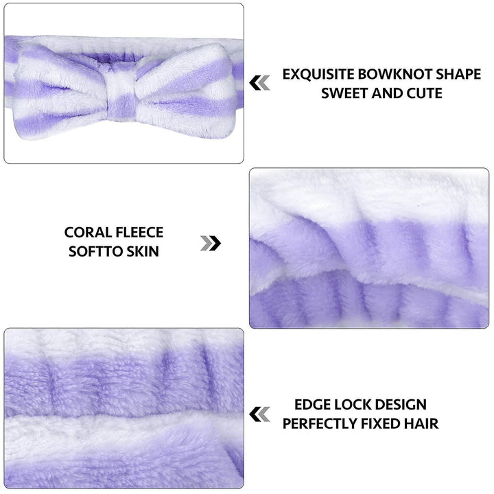 6 Pack Spa Headband Hair Wrap Facial Shower Bath Fleece Bowknot Striped Hair Band Image 3