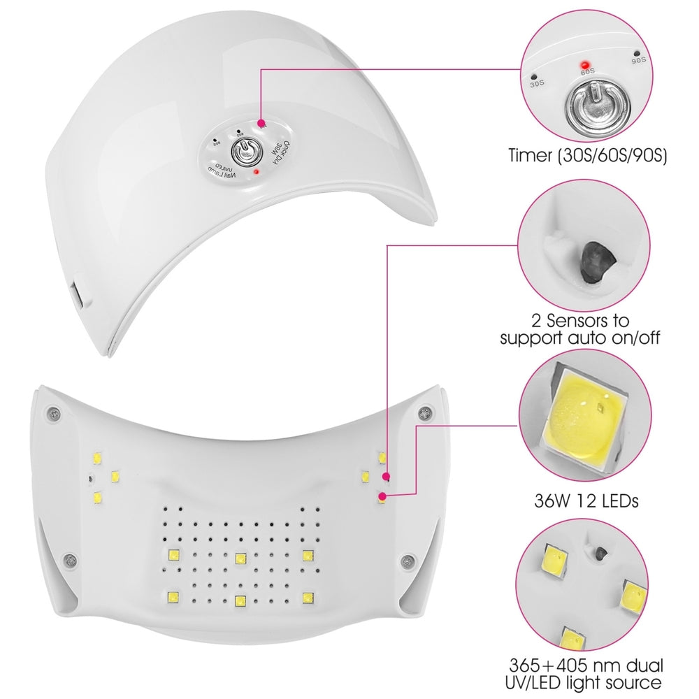 36W UV LED Lamp Nail Gel Dryer 12 LEDs Sensor Fingernail Toenail Gel Curing Machine White Image 2