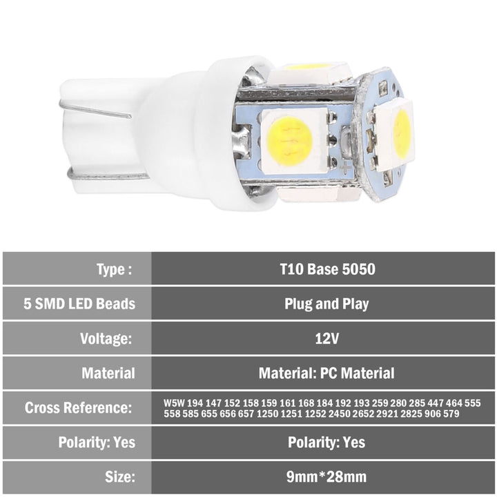 50Pcs LED Car Light Bulbs 1000lm T10 Base 5050 6000K White Auto Lamps Image 2