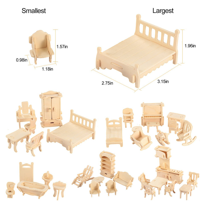 3D Wooden Dollhouse Furniture Puzzles Miniature Models 34Pcs DIY Set Image 1