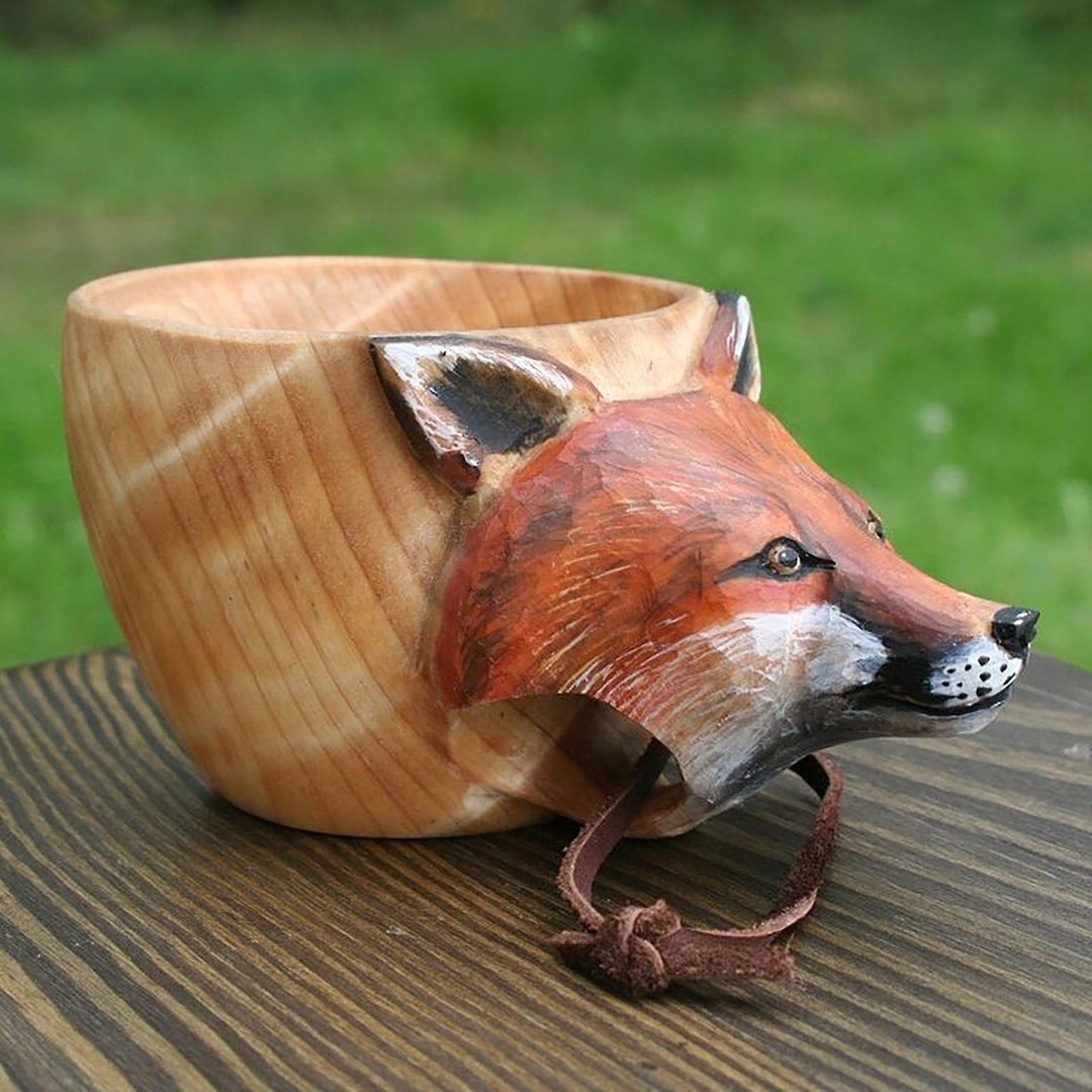 Hand Carved Wooden Mug Animals Head Image Cup For Travelers Outdoor Camping Image 2