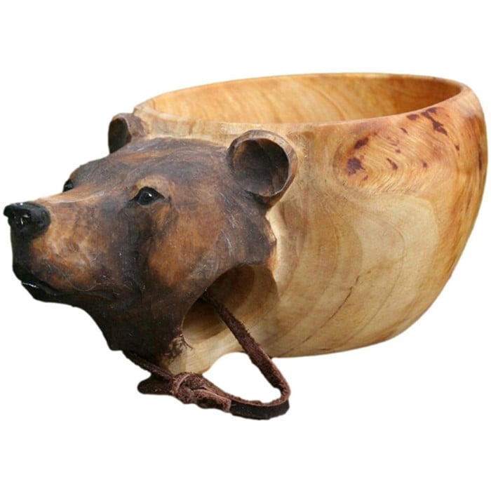 Hand Carved Wooden Mug Animals Head Image Cup For Travelers Outdoor Camping Image 3