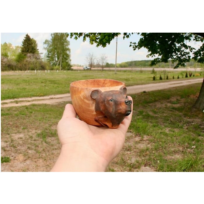 Hand Carved Wooden Mug Animals Head Image Cup For Travelers Outdoor Camping Image 4