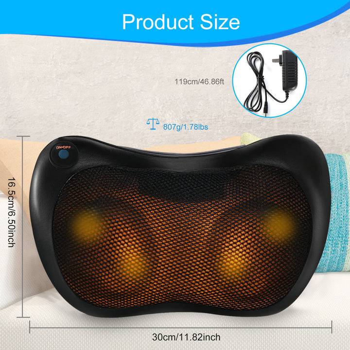 Back Neck Massage Pillow Kneading Massager with Infrared Heating Black 30x16cm Image 8