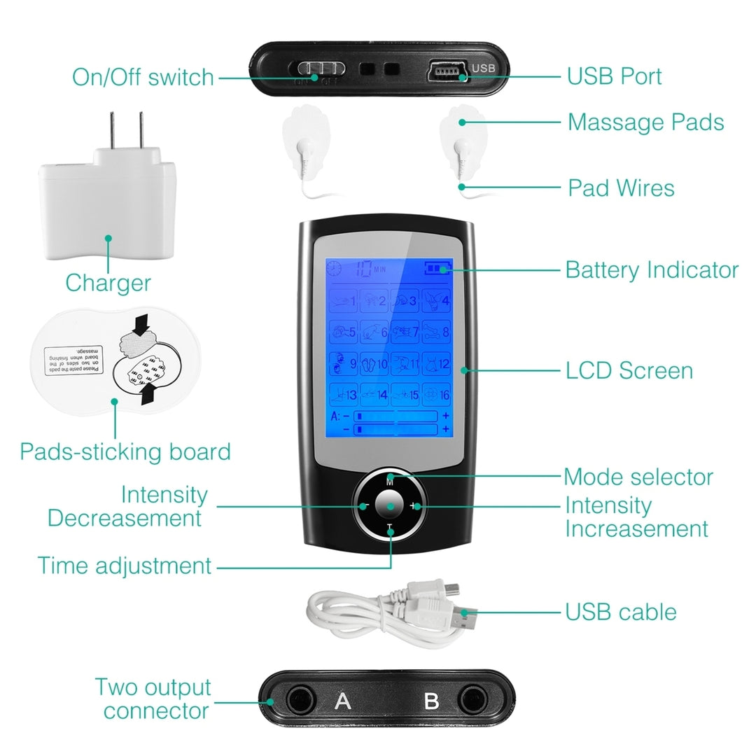 Rechargeable Tens Unit Machine Impulse Massager 16 Modes Rechargeable Black Image 8