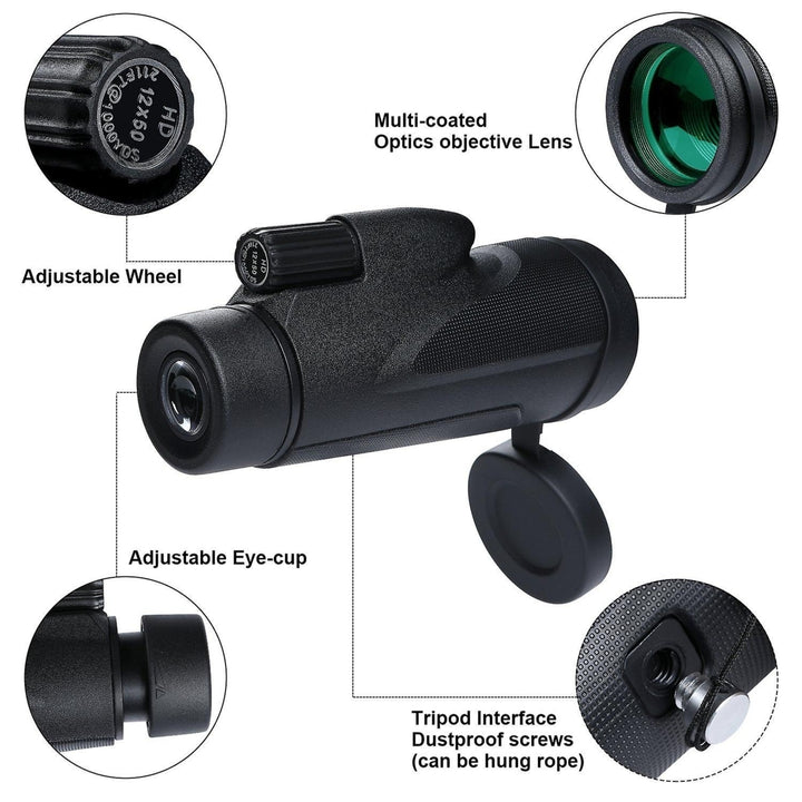 Monocular Scope Telescope Low Light Night Vision With Quick Smartphone Holder 12x50 Hd Image 7