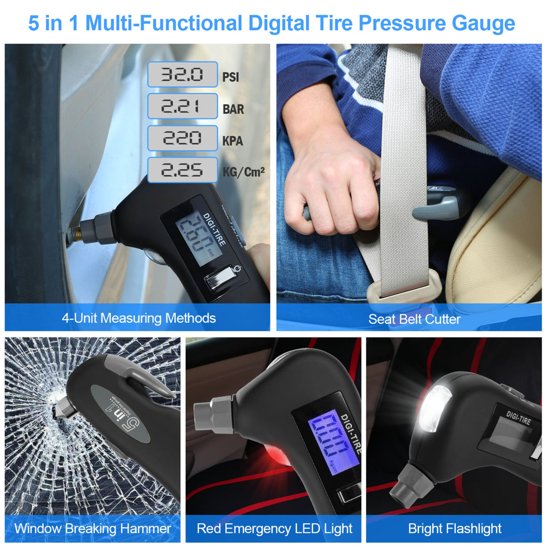 Auto Digital Tire Pressure Gauge 150 PSI 4 Settings LED Flashlight Window Breaker Image 3