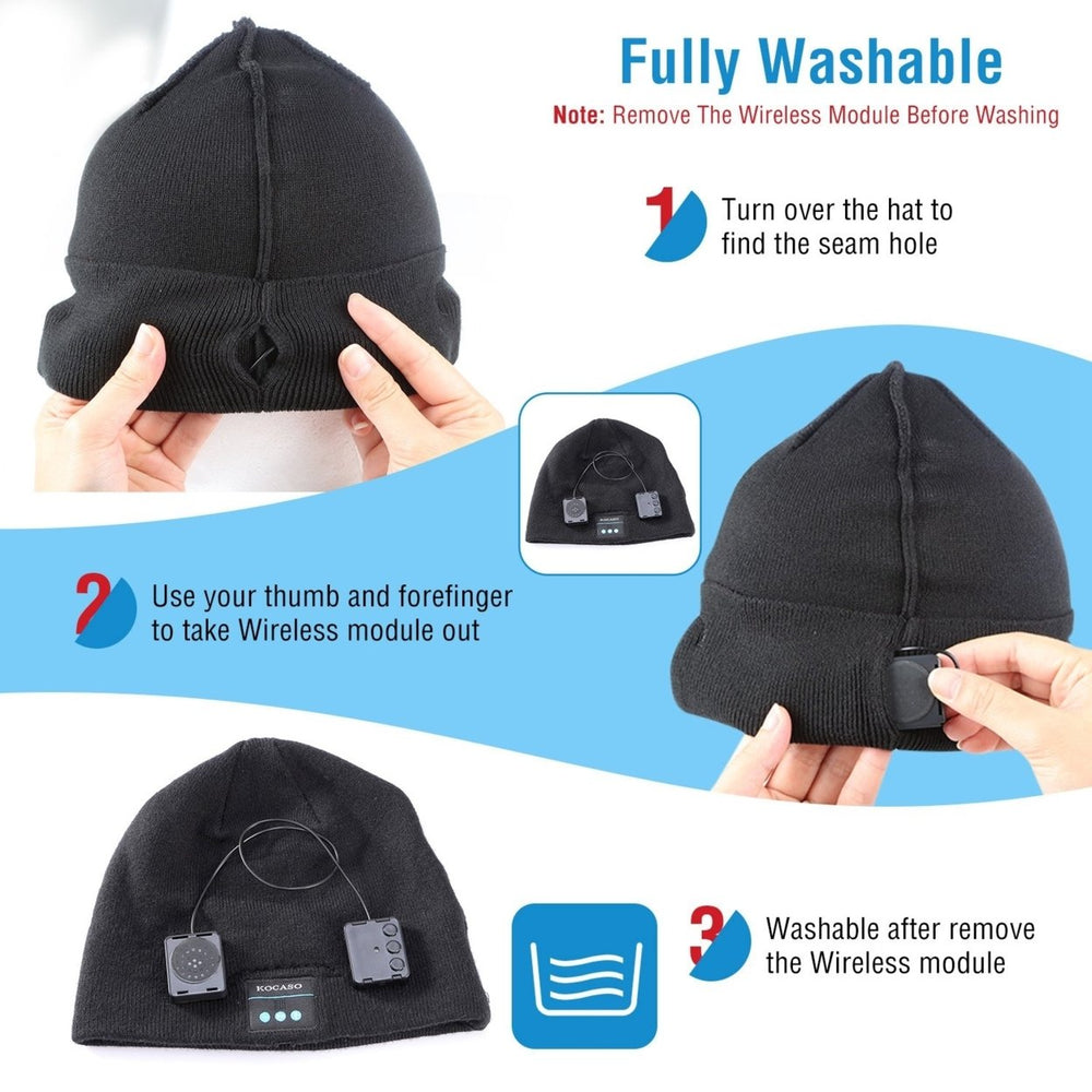 Wireless Beanie Headphone Hat Black Soft Knit V4.2 Bluetooth Noise Cancelling Image 2