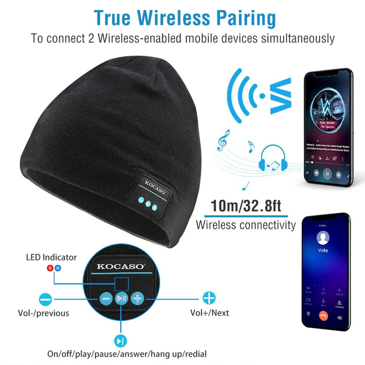 Wireless Beanie Headphone Hat Black Soft Knit V4.2 Bluetooth Noise Cancelling Image 3