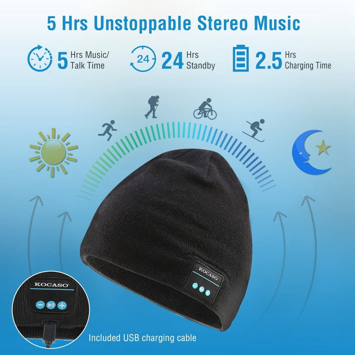 Wireless Beanie Headphone Hat Black Soft Knit V4.2 Bluetooth Noise Cancelling Image 4