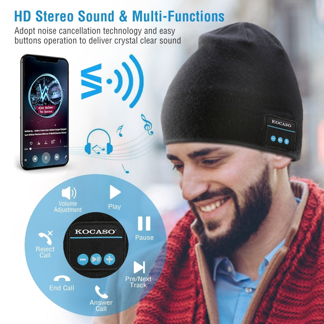 Wireless Beanie Headphone Hat Black Soft Knit V4.2 Bluetooth Noise Cancelling Image 6