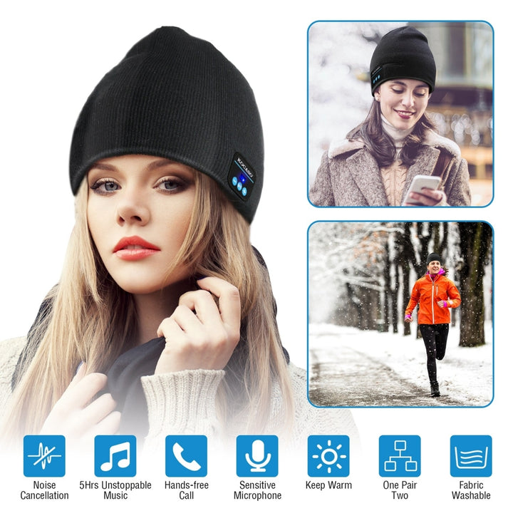 Wireless Beanie Headphone Hat Black Soft Knit V4.2 Bluetooth Noise Cancelling Image 10