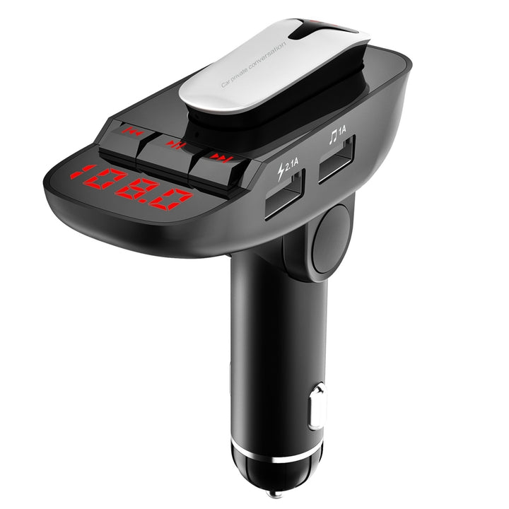 Car FM Transmitter Wireless Earpiece 2 USB Charge Ports Hands-free Call Image 1