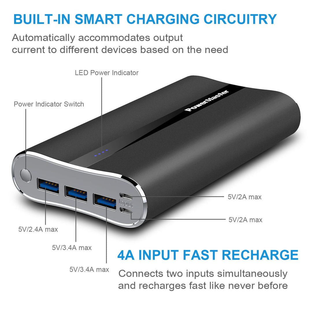 Portable Charger PowerMaster 20000mAh Power Bank 5.8A Output 3 USB Ports Black Image 6