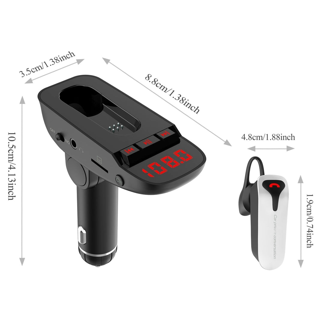 Car FM Transmitter Wireless Earpiece 2 USB Charge Ports Hands-free Call Image 2