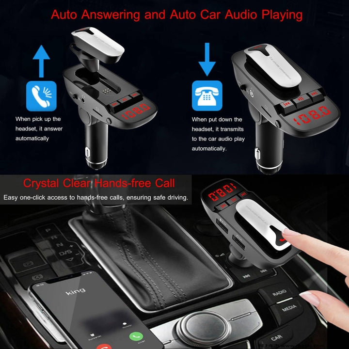 Car FM Transmitter Wireless Earpiece 2 USB Charge Ports Hands-free Call Image 4