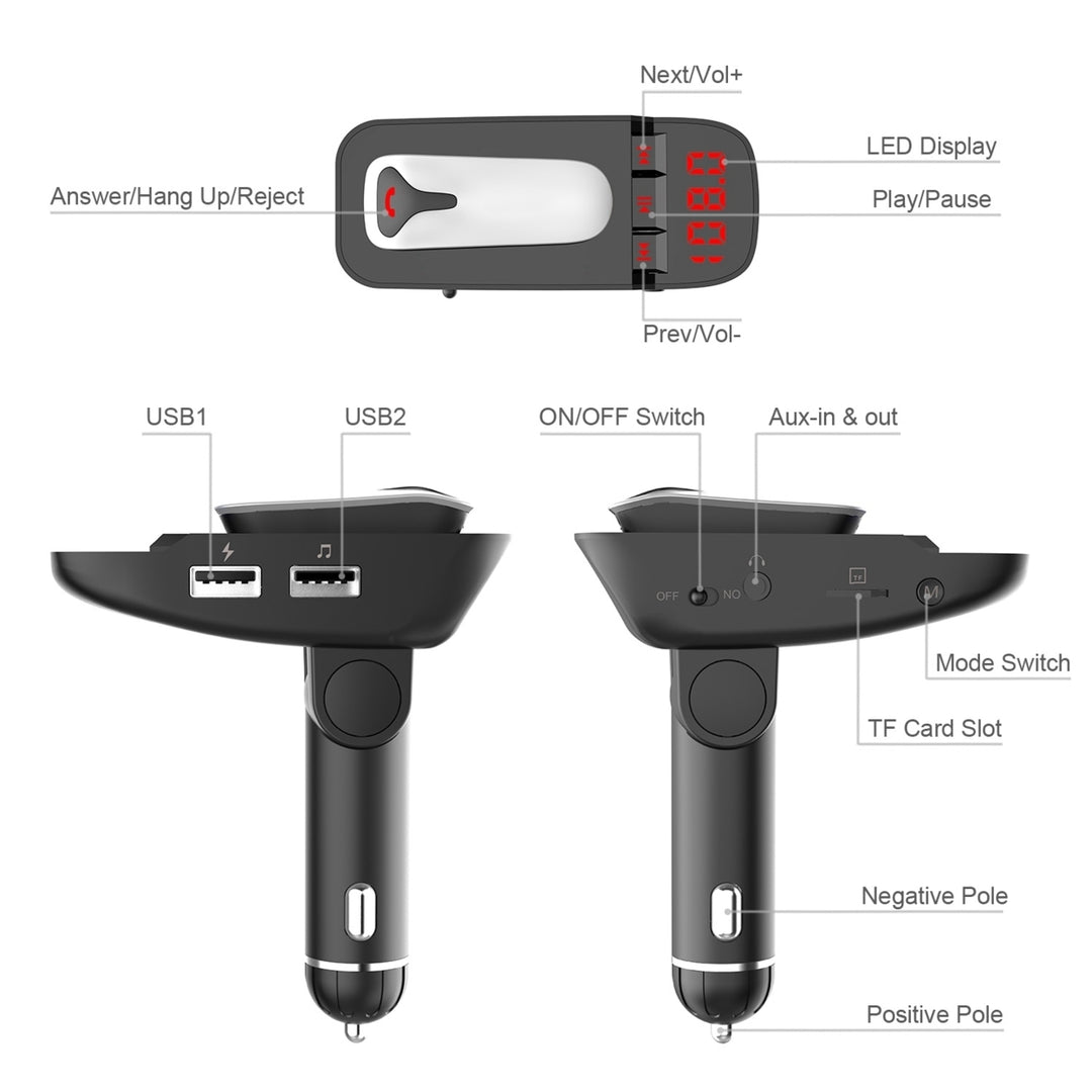 Car FM Transmitter Wireless Earpiece 2 USB Charge Ports Hands-free Call Image 12
