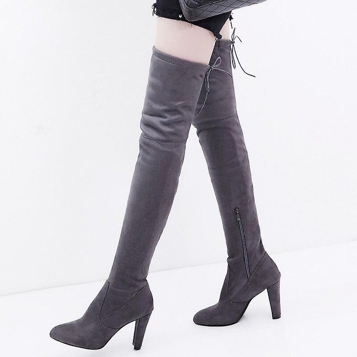 Women Knee Boots Pointed Toe High Heels Boots Winter Sexy Slim Suede Zipper Shoes Image 7