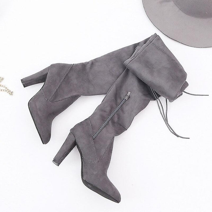 Women Knee Boots Pointed Toe High Heels Boots Winter Sexy Slim Suede Zipper Shoes Image 8